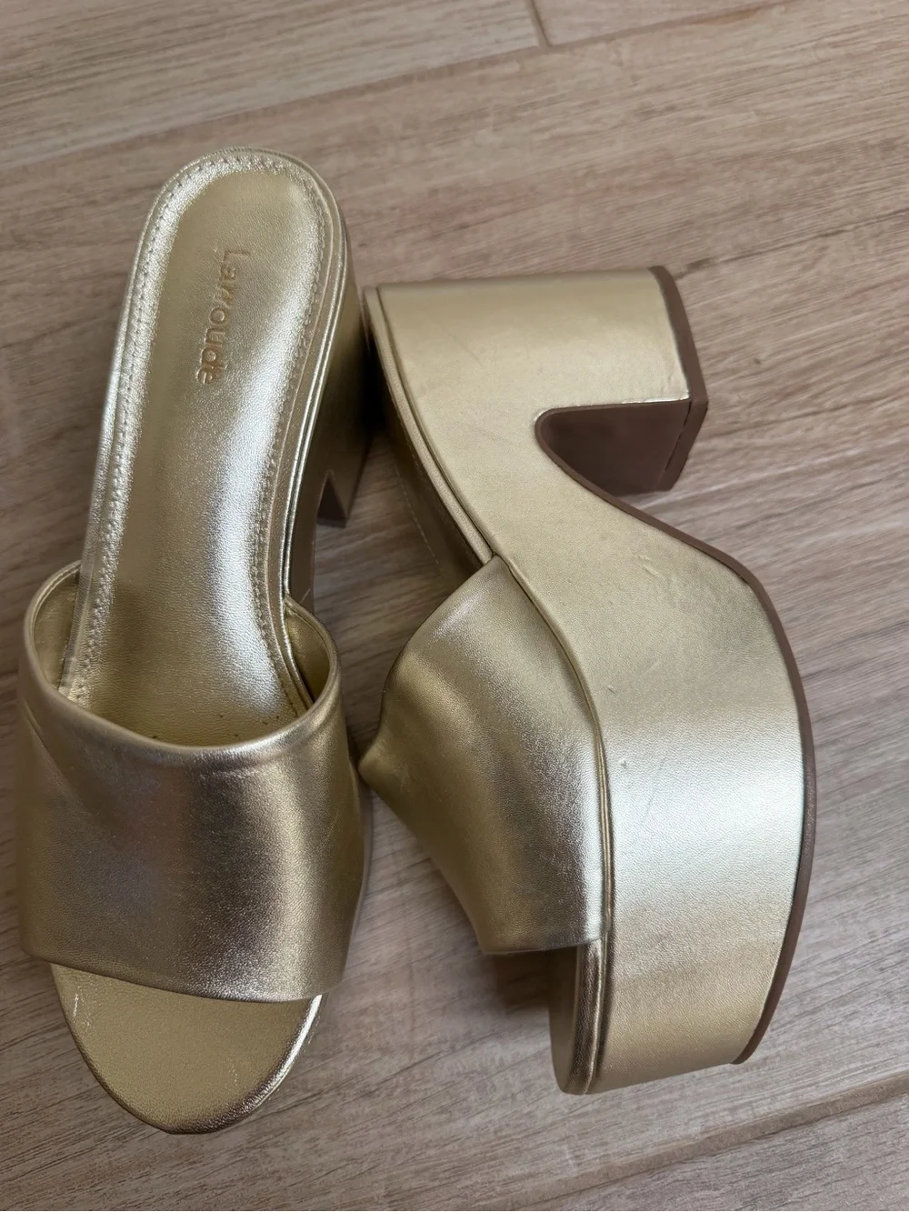 New Larroude Gold Platform Slide Heels -